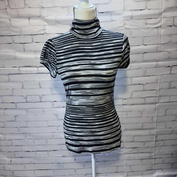 Six Degrees Striped Turtleneck Mesh Top | Sheer Short Sleeve Y2K Retro Tee - Picture 1 of 10